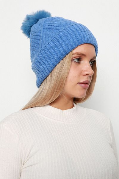 Luminos Butik Blue Pompom Beret with Thick Knit Pattern and Wool Inside Detail - Warm Winter Model Beret1140