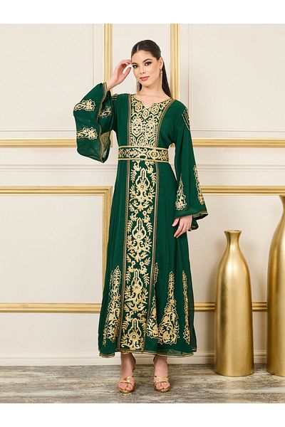 Maxim Creation By Styli Thread Embroidered Beaded Detail Belted Kaftan