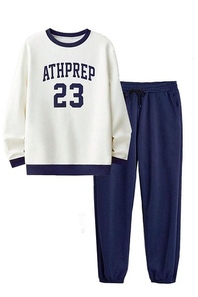 Know Men's 3 Thread White Navy Blue Athprep Printed Bottom Top Tracksuit Set