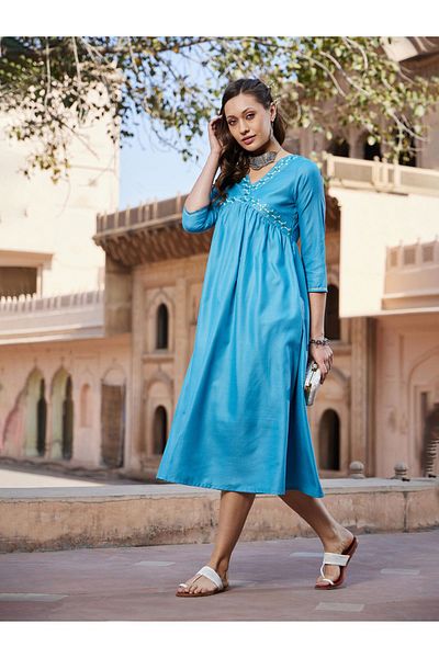 Sassafras By Styli Embroidered A-Line Kurta Midi Dress