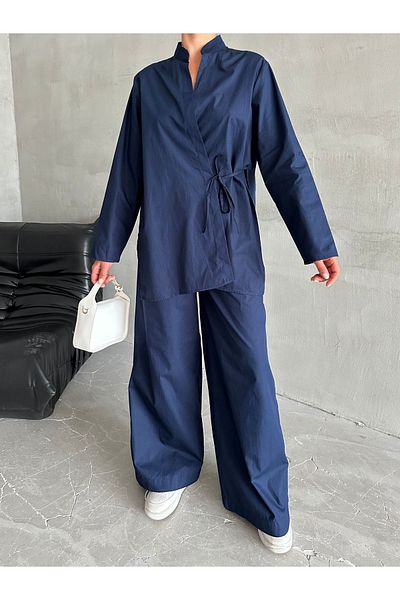 Laluvia Marineblaues Halley-Set mit seitlich gebundenem Hemd und Hose