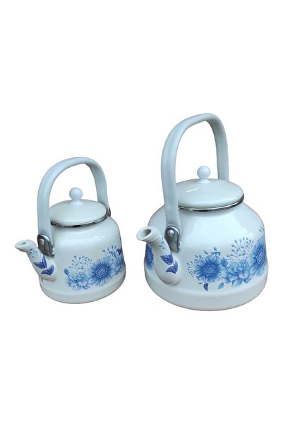 qussine Vintage Enamel Teapot Set with blue flower