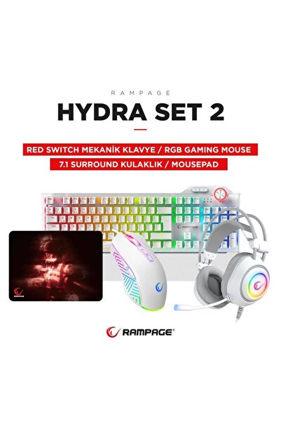 Rampage Hydra R6 Beyaz RED Switch RM-K19 Beyaz Kulaklık  Makrolu RGB Mouse + Mousepad 4lü OYUNCU SET