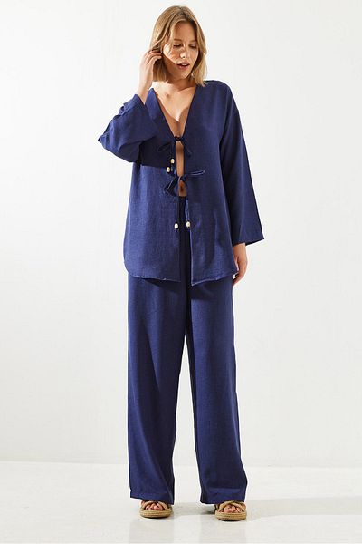 Bianco Lucci Sofia Linen Palazzo Set - Front Tie, Women'S, 3007 60251769
