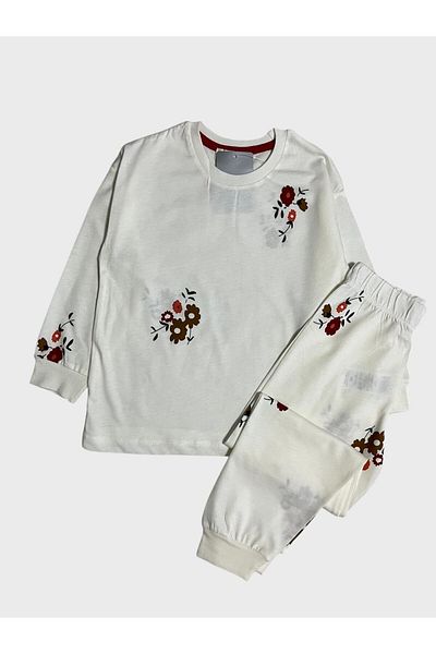 Fil Kids Set de pijamale de iarnă cu mânecă lungă, 100% bumbac, cu modele florale albe
