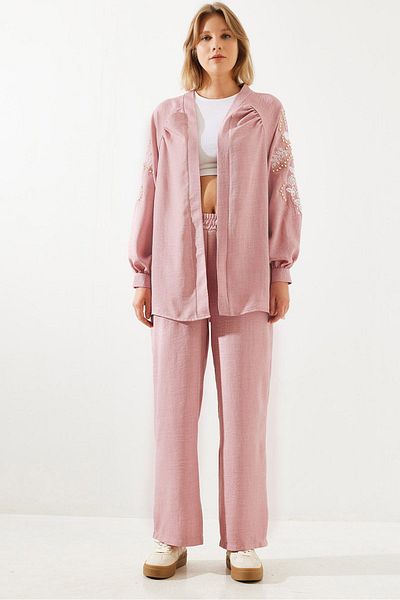 Bianco Lucci Linen Women's Set - Embroidery Detailed, Top and Bottom Set Mbms017 60501017