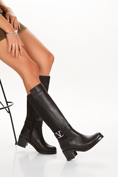 MNShoes Cizme negre pentru femei cu cataramă din din neopren piese