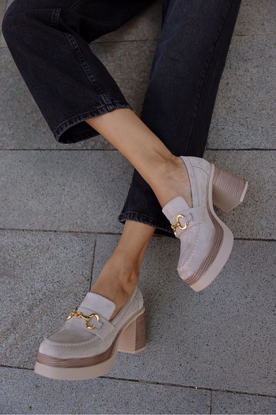 selinshoes Mia Buckle High Heeled Women's Shoes Beige Suede