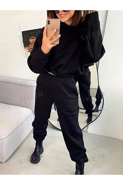 Machetta Women's Crop Sweatshirt and Sweatpants - 3 Thread Double Set