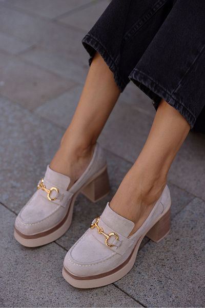 selinshoes Mia Buckle High Heeled Women's Shoes Beige Suede