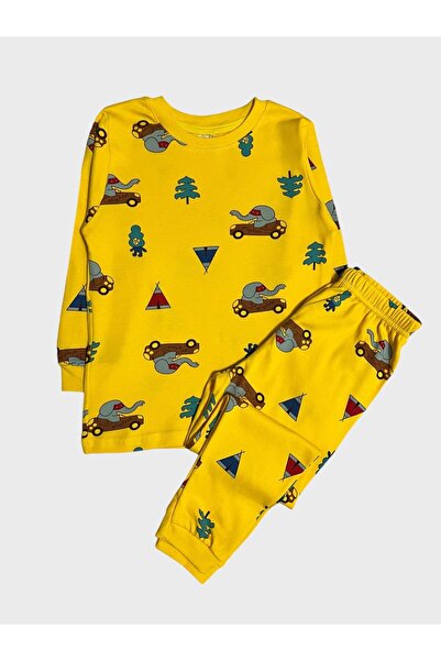 elmas kids طقم بيجامة للأولاد - نمط سيارة أصفر، 100% قطن، بأكمام طويلة