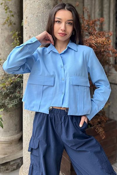 GÜLSELİ Crop Top Albastru Casual - Cămașă cu buzunare