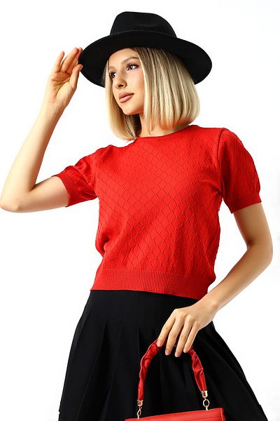 Devinka Women's Openwork Patterned Diamond Knitwear Blouse - Short Sleeve