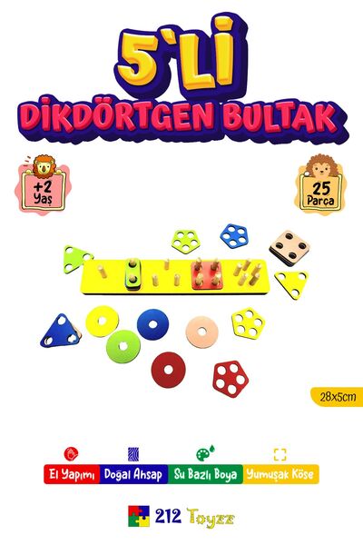 212toyzz 212toyz Ahşap Oyuncak Geometrik Şekil Yerleştirme 5'li Diktörgen Bultak