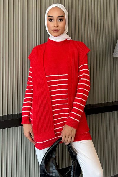 julude Red Hijab Knitwear Sweater with Crew Neck Stripes and Scarves