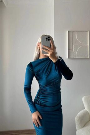 MOZENA Drape Detayl Kadife Elbise Indigo Fiyat Yorumlar Trendyol