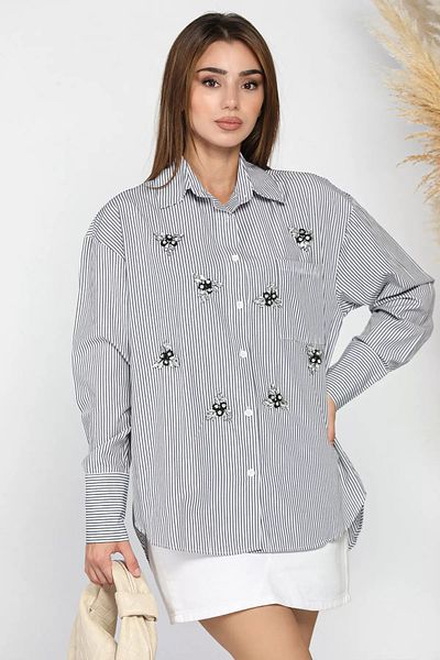 GÜLSELİ Cămașă de damă cu dungi alb-negru cu model floral