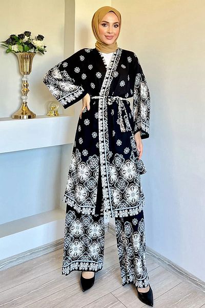 julude Kimono Hijab din viscoză și set dublu cu model negru