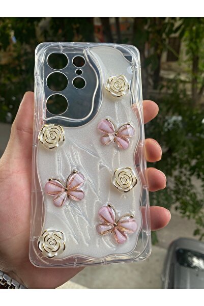 AQUA AKSESUAR Samsung Galaxy S24 Ultra Uyumlu Kılıf 5D Kabartmalı Kelebek Çiç...