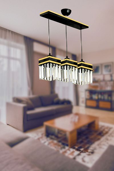 SONSUZ AYDINLATMA&AVİZE Infinite 3-Piece Black Pendant Lamp Row Crystal Stone Yellow Strip Square Downward Facing Luxury Chandelier