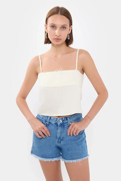 Hiccup Top de pijama crop cu dungi cu guler pătrat