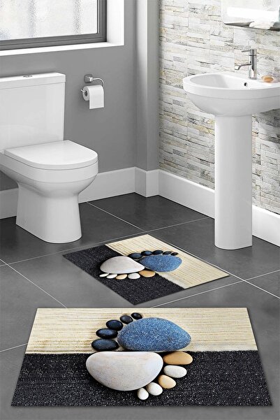 LTS HOME Dijital Baskılı Ayak İzi Desenli Renkli İkili Banyo Paspası (40/60cm...