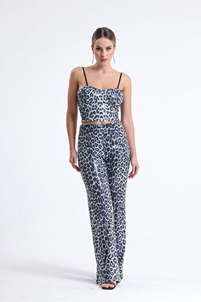Sense Wide Leg Sequin Trousers| Pnt32440 Black Silver Leopard