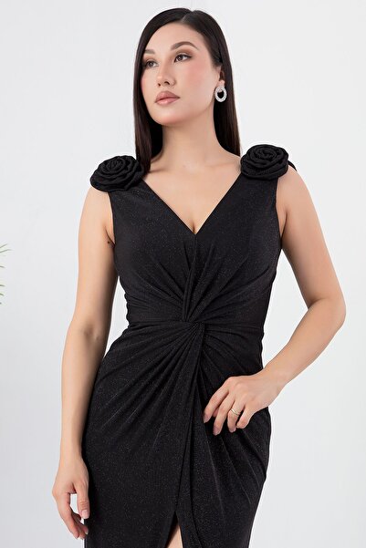 PULLIMM Glitter Shoulder Rose Detailed Dress Ecr5365