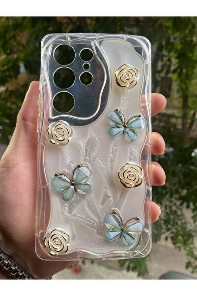 AQUA AKSESUAR Samsung Galaxy S24 Ultra Uyumlu Kılıf 5D Kabartmalı Kelebek Çiç...