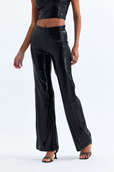 Sense Black Sequined Wide Leg Trousers - Pnt32440