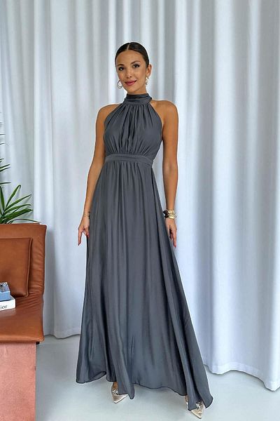 Mine Tan Butik Γυναικείο φόρεμα καπνιστό σατέν με λαιμόκοψη