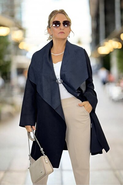 yagmurberen Suede Leather Large Size Jacket with Asymmetric Collar and Brooch Detail