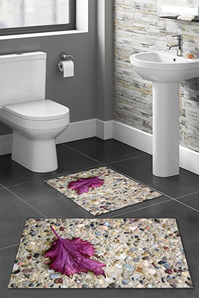 LTS HOME Dijital Baskılı Yaprak Desenli Renkli İkili Banyo Paspası (40/60cm -...