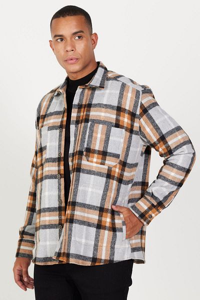 AC&Co / Altınyıldız Classics Ανδρικό τούβλο γκρι Oversize Τσέπη γιακά με Χύμα Κουμπί με καρό μοτίβο χειμερινό μπουφάν ξυλοκόπος