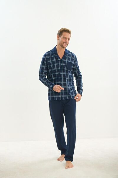 Sevim Σετ ανδρικές πιτζάμες Navy Blue - Μακρύ μανίκι, γιακάς πουκάμισου, μπροστινά κουμπιά C9T1N5O9