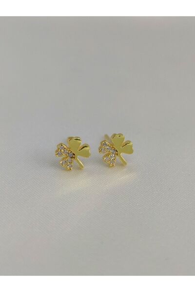 DCGÜMÜŞ 925 Ayar Gümüş Zirkon Taşlı Yonca Model Gold Küpe