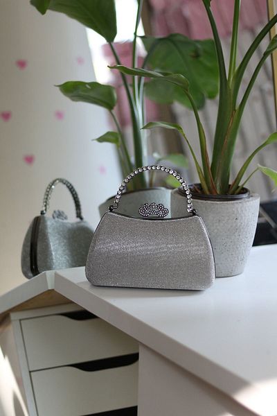 Moom Bag Γυναικεία βραδινή τσάντα φόρεμα με λαβή από κρύσταλλο πλατίνα