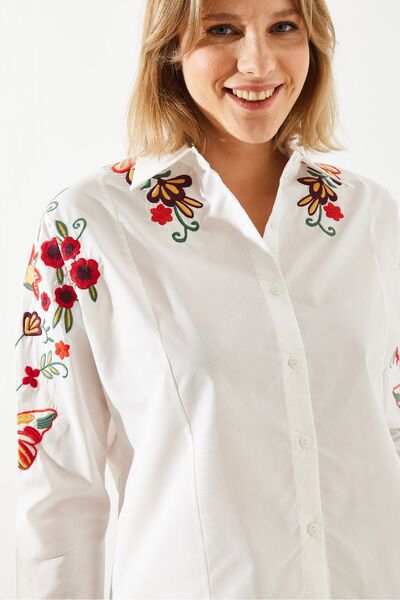 Bianco Lucci Women's Linen Embroidered Shirt 60251781