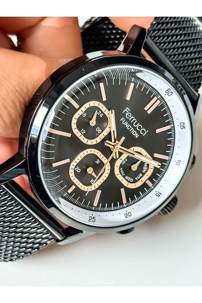 Ferrucci Black Straw Cord Men's Wristwatch and Bracelet Rosary