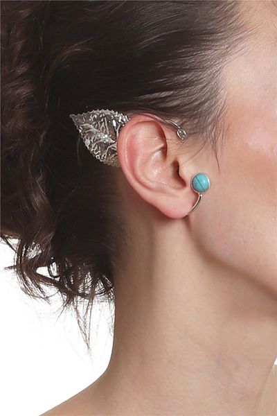 LABALABA Women's Silver Color Lacquer Plated Rhinestoned Textured Leaf Stylize Right Ear Earcuff & Cartilage Earrings