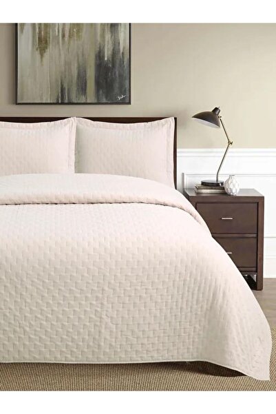 YGT Home Vera Çift Kişilik Kadife Yatak Örtüsü Takımı Krem 240x260| Volanlı Yastık