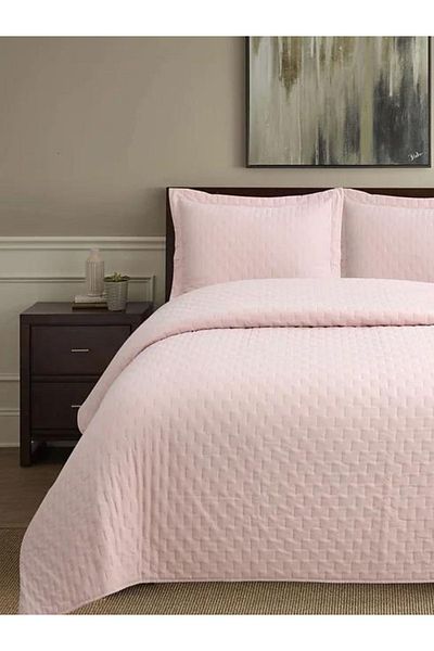 YGT Home Vera Velvet Bedspread Set - Double, Flounce Pillow, Powder 240X260