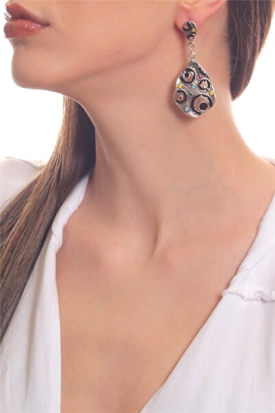 LABALABA Kadın Antik Gümüş Kaplama Çivili Model Gökkuşağı Renk Mineli Deniz Kabuğu Küpe