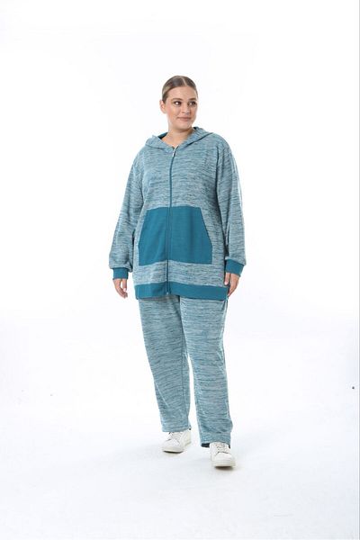 Şans Turquoise Thessaloniki Size Women's Tracksuit Set - Steel Knitted Hood 65N38326