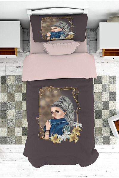 on the clouds Modern Girl Patterned Teen Room Bedspread and Pillowcase - Pike with Frame Detail