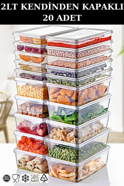 PONÇİK STORE 20 Pieces Set 2Lt - Self-Covered Storage Container Suitable for Deep Freezer