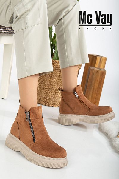 Mc vay Shoes Κομψό γυναικείο μποτάκι με φερμουάρ Tan Suede - Lisa Süs