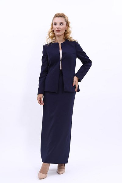 ÖNDER ÖZSOY Navy Blue Oval Collar Long Jacket and Pencil Skirt Set
