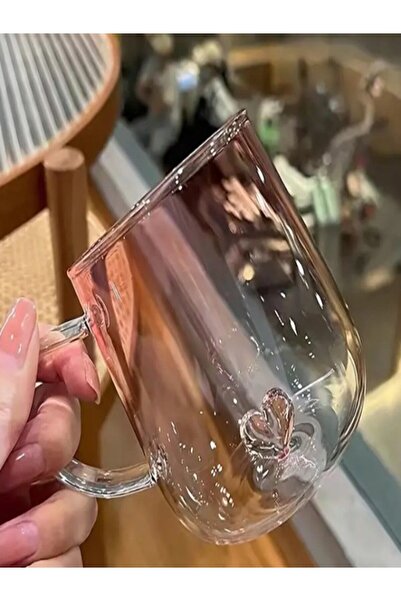 CUPPERA Pembe Kalp Desenli Borosilikat Cam Bardak