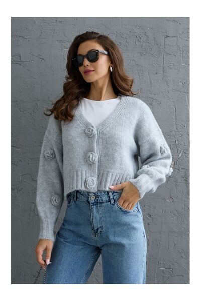 Elif Özbey Butik Γκρι Ζακέτα Snap - Λεπτομέρεια λουλουδιών Pompom